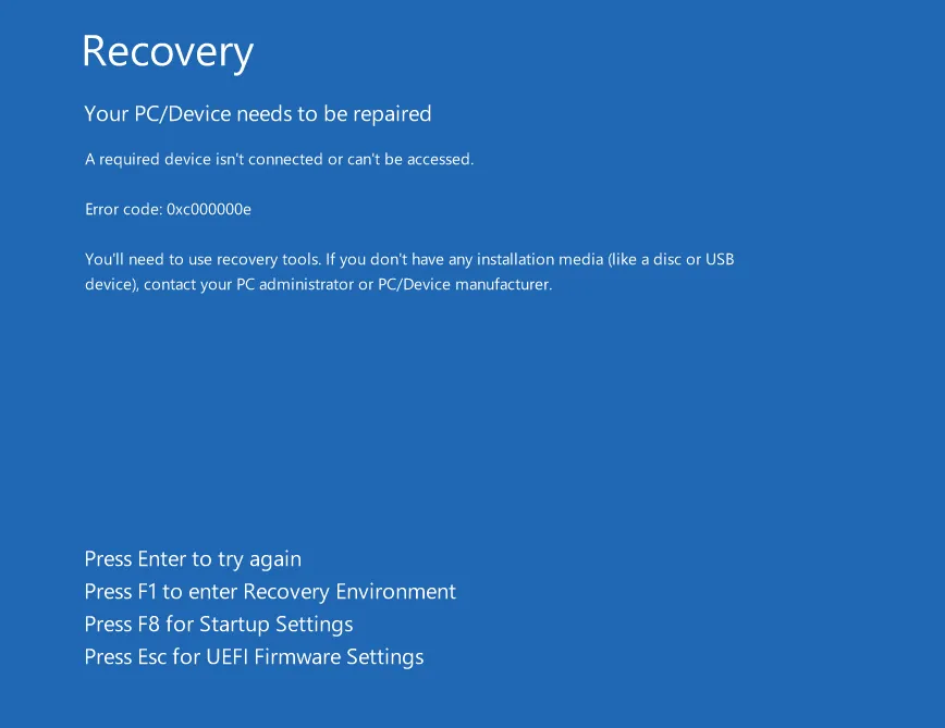 Your PC/Device needs to be repaired An expected error has occured Error code 0xc000000e